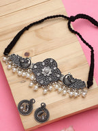Cardinal Silver-Toned Black Colored Oxidized Choker Jewellery Set | Grocsy