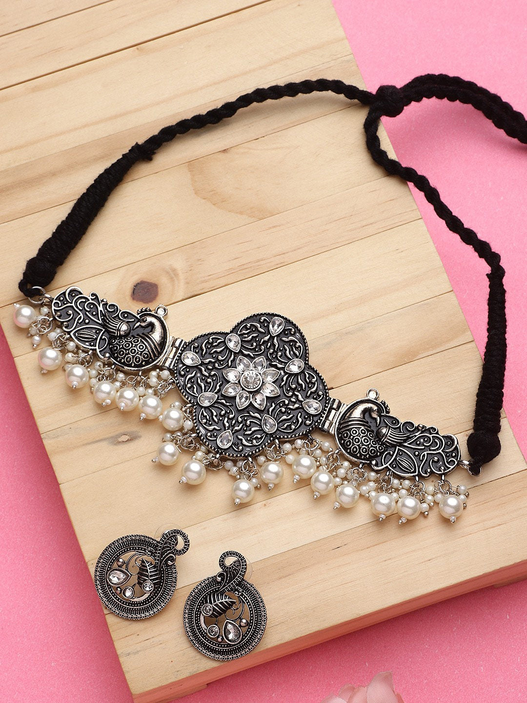 Cardinal Silver-Toned Black Colored Oxidized Choker Jewellery Set | Grocsy
