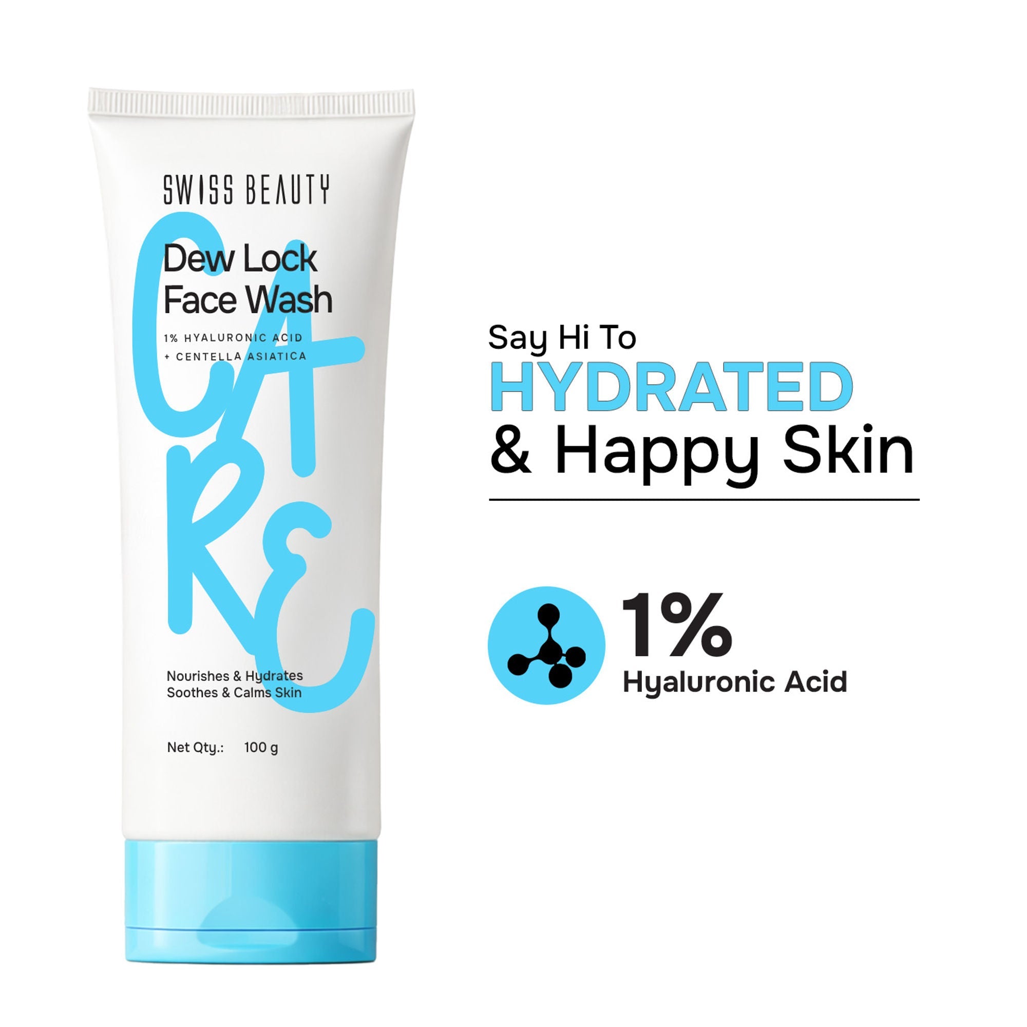 Swiss Beauty Care Dew Lock Face Wash 1% Hyaluronic Acid & Centella Asiatica, Deep Cleansing Action | Grocsy