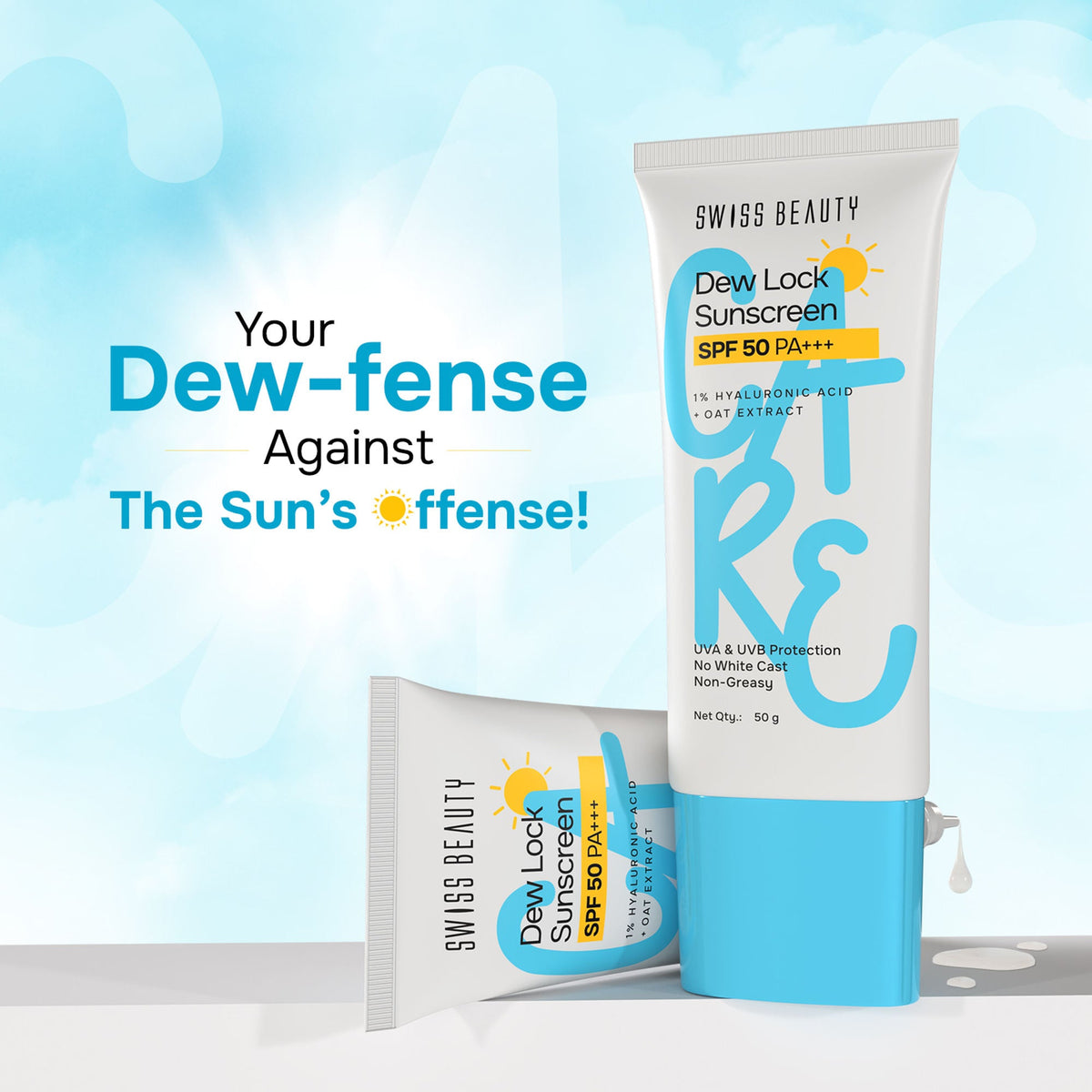 Swiss Beauty Care Dew Lock Sunscreen SPF 50 PA++++ With 1% Hyaluronic Acid | Grocsy