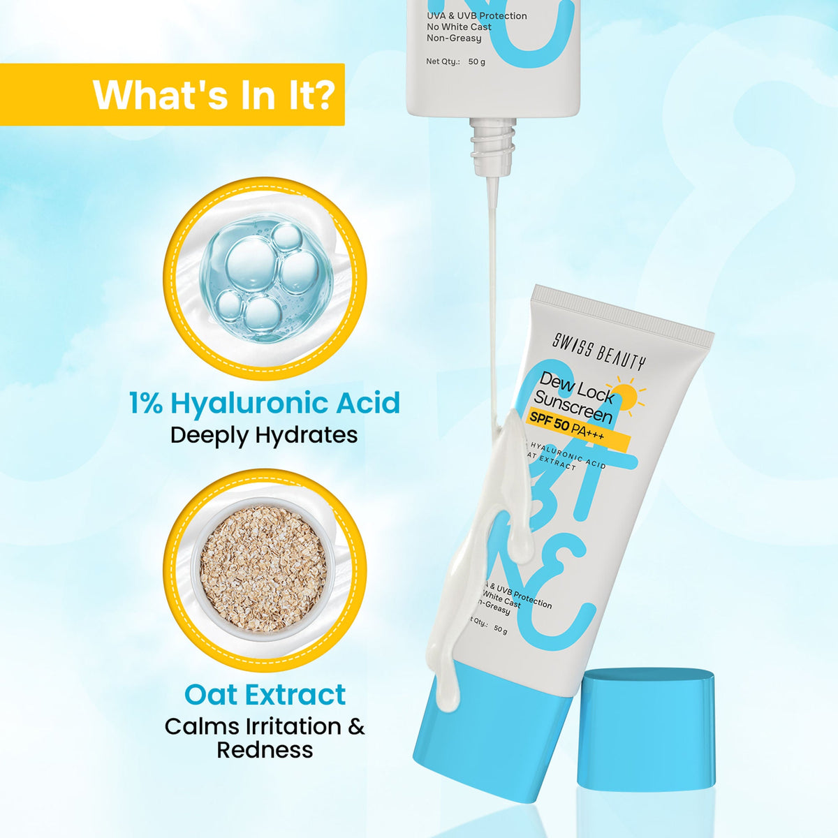 Swiss Beauty Care Dew Lock Sunscreen SPF 50 PA++++ With 1% Hyaluronic Acid | Grocsy