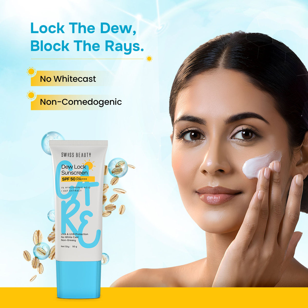 Swiss Beauty Care Dew Lock Sunscreen SPF 50 PA++++ With 1% Hyaluronic Acid | Grocsy