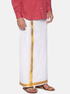 Sethukrishna Men White & Gold-Coloured Solid Cotton Dhoti | Grocsy