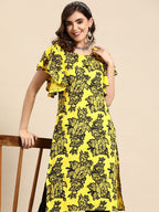 Sangria Floral Print Flutter Sleeves Kurta | Grocsy