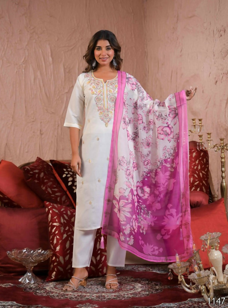 Ethnic Festive Wear Viscose Chanderi Off White Stitched Suit With Dupatta - Tanisha | Grocsy