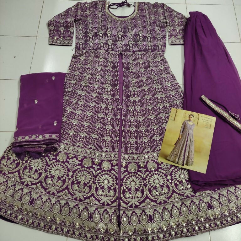 Vastranavya Stunning Purple Georgette Gota Sequins A-Line Anarkali Suit | Grocsy