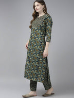 Yufta Women Olive Green Floral Yoke Design Pure Cotton Kurta with Palazzo and Dupatta | Grocsy