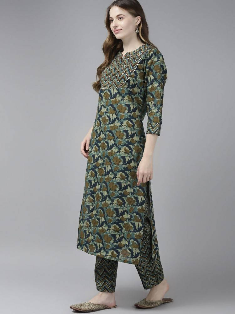 Yufta Women Olive Green Floral Yoke Design Pure Cotton Kurta with Palazzo and Dupatta | Grocsy