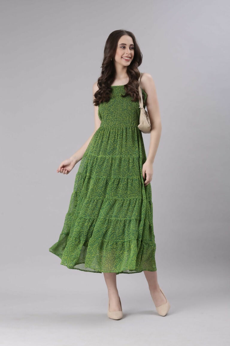 Souchii Green Varlie Printed Tiered Dress – Flowy Fit & Flare | Grocsy
