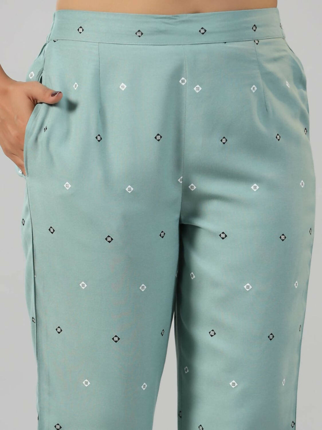 Juniper Women Sage Green Rayon Staple printed Kurta and Pants Set | Grocsy