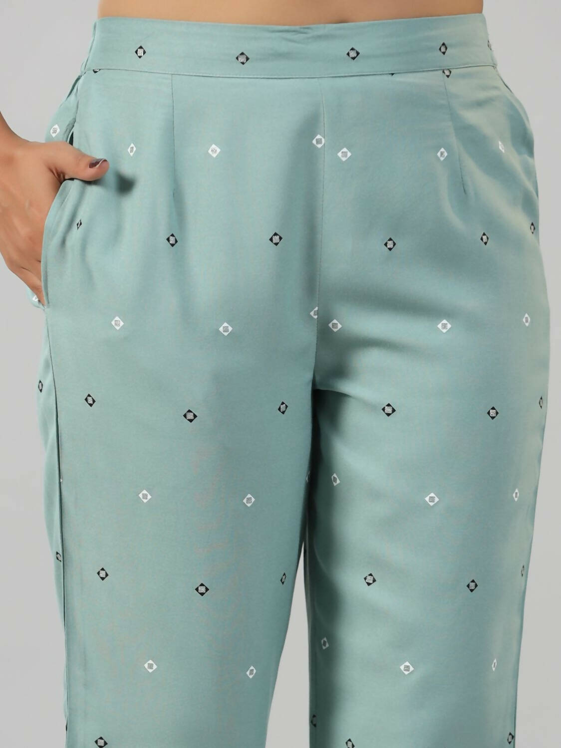 Juniper Women Sage Green Rayon Staple printed Kurta and Pants Set | Grocsy