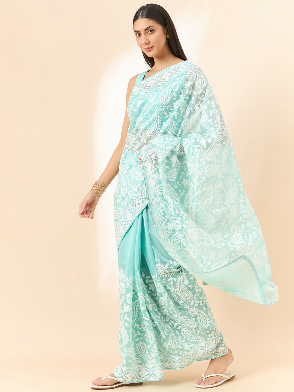 Blue Organza Paisely Embroidered Saree with Unstitched Blouse Piece - Roozal | Grocsy
