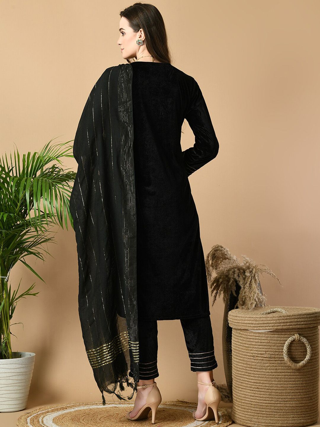 Sangria Black V-Neck Regular Velvet Kurta with Trousers & Dupatta | Grocsy
