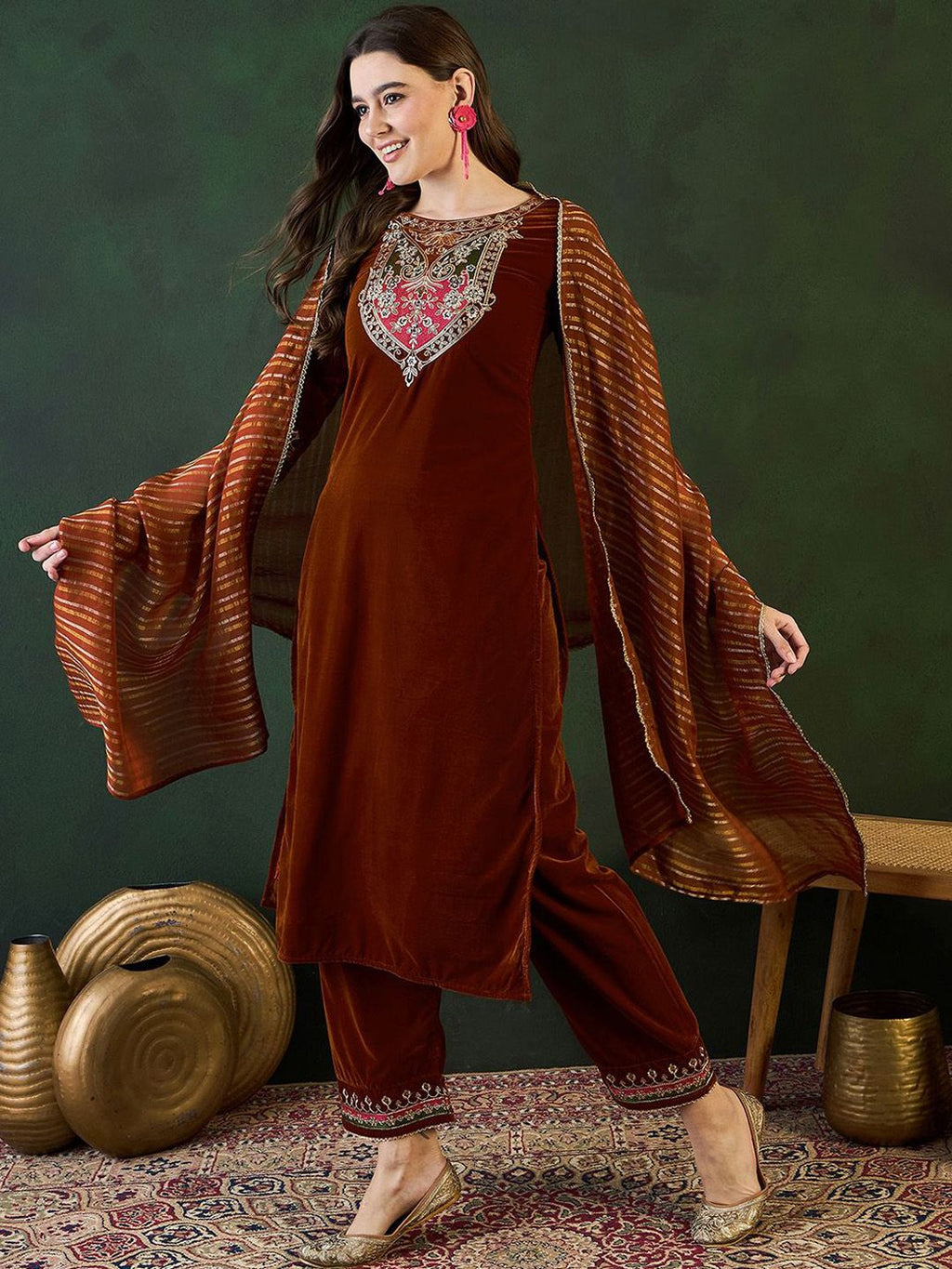 Sangria Embroidered Velvet Kurta & Trousers with Dupatta | Grocsy