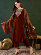 Sangria Embroidered Velvet Kurta & Trousers with Dupatta | Grocsy