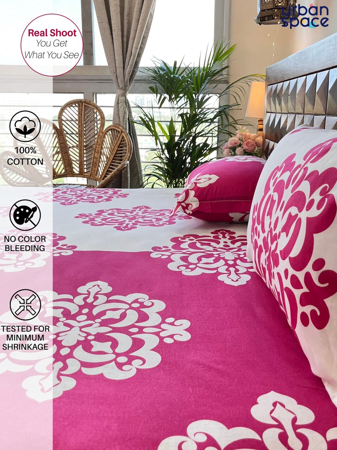 URBAN SPACE Divine White Ethnic Motifs 144 TC Cotton Queen Bedsheet & 2 Pillow Covers | Grocsy
