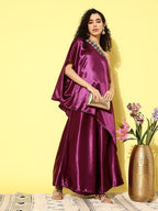 InWeave Women's Wine Navy Brocade Satin Oneshoulder Kurta Set | Grocsy