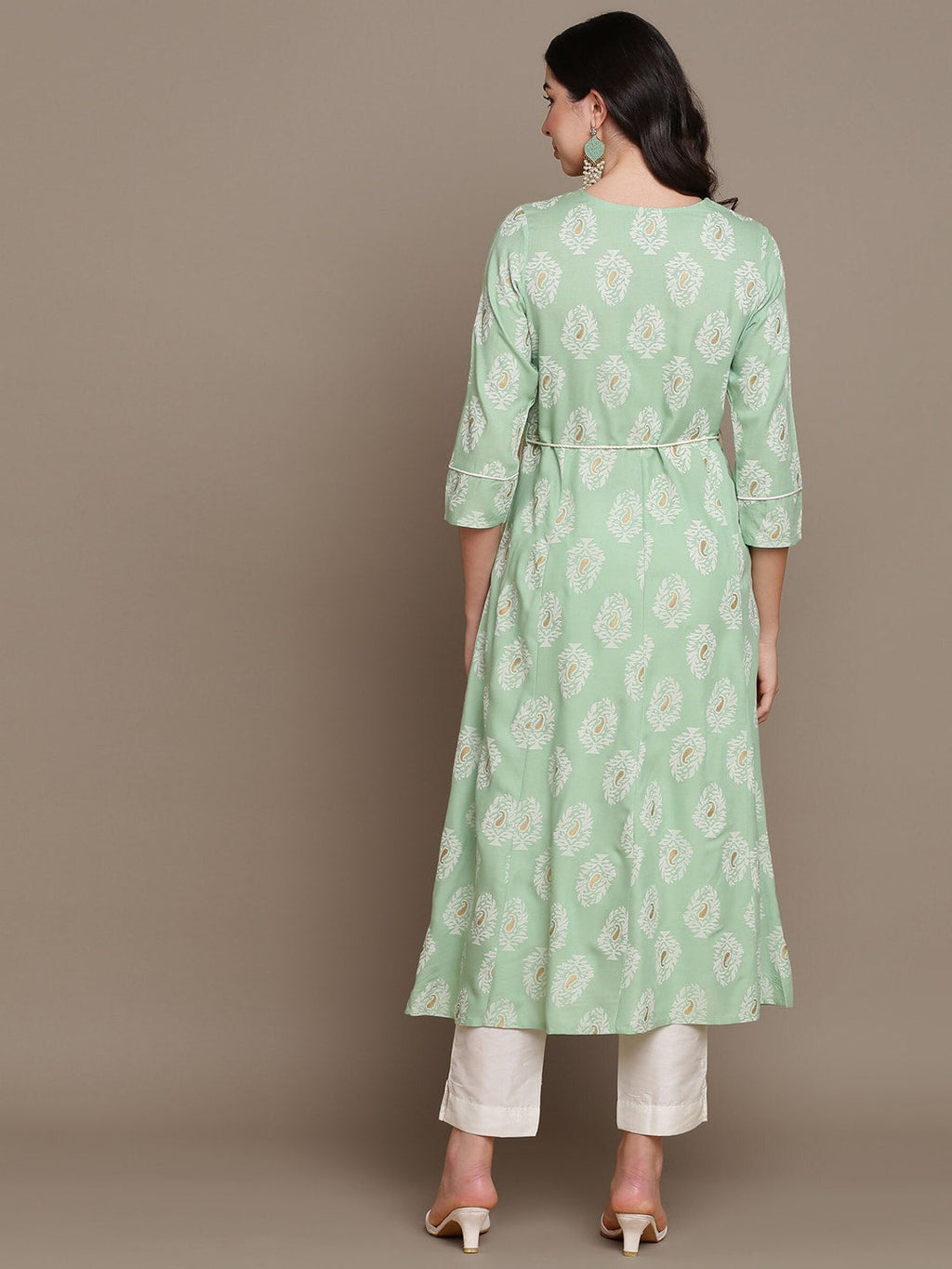 HERE&NOW Embroidered Ethnic Motif Printed Notched Neck A-Line Kurta | Grocsy