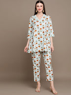 HERE&NOW Floral Printed Lace Inserted V-Neck Kurti with Trousers | Grocsy