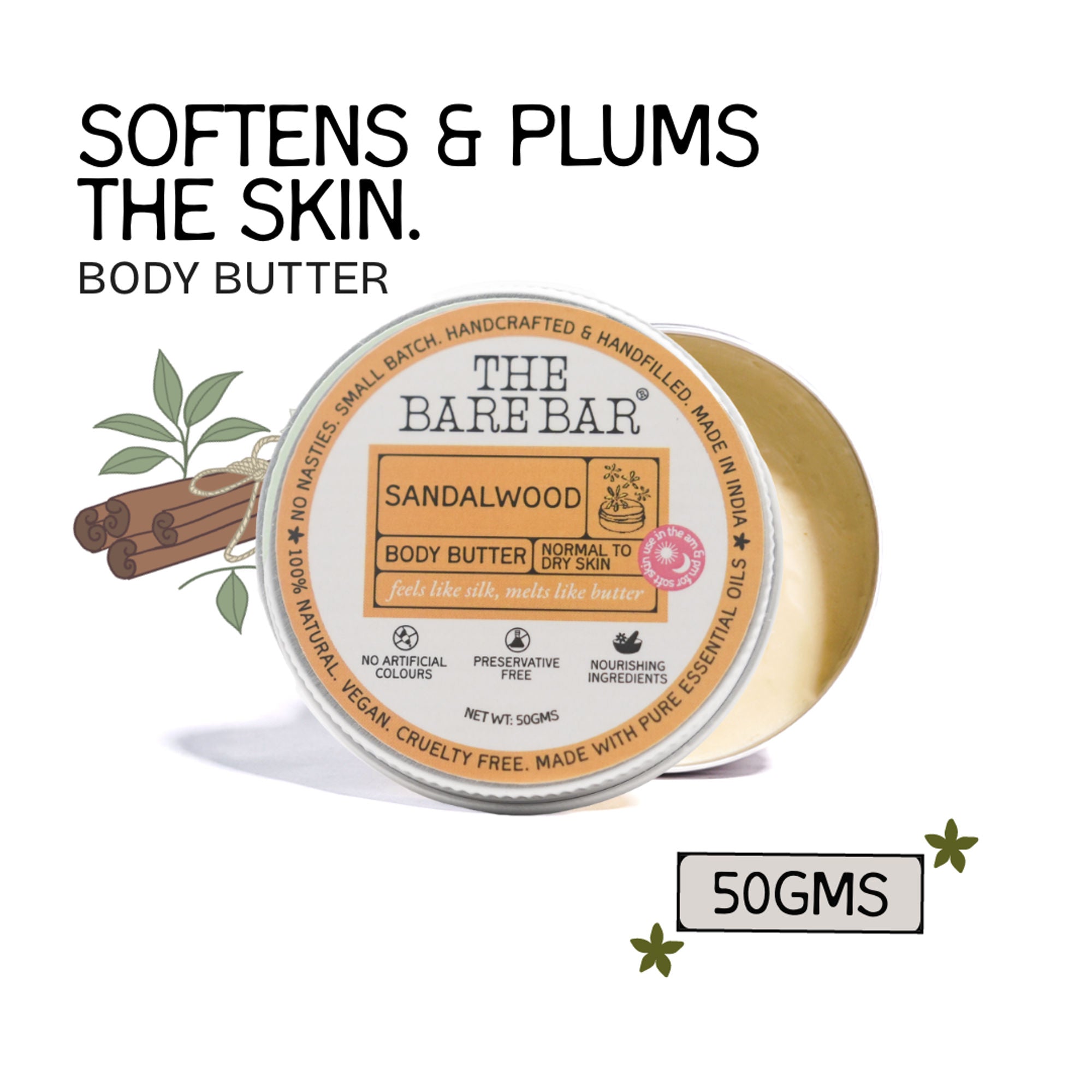 The Bare Bar Sandalwood Body Butter - Nourishing Woody Butter With Shea, Mango, Vit E | Grocsy