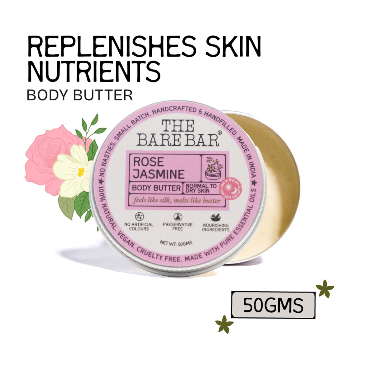 The Bare Bar Rose Jasmine Body Butter - Floral Butter Blend For Soft, Hydrated Skin | Grocsy