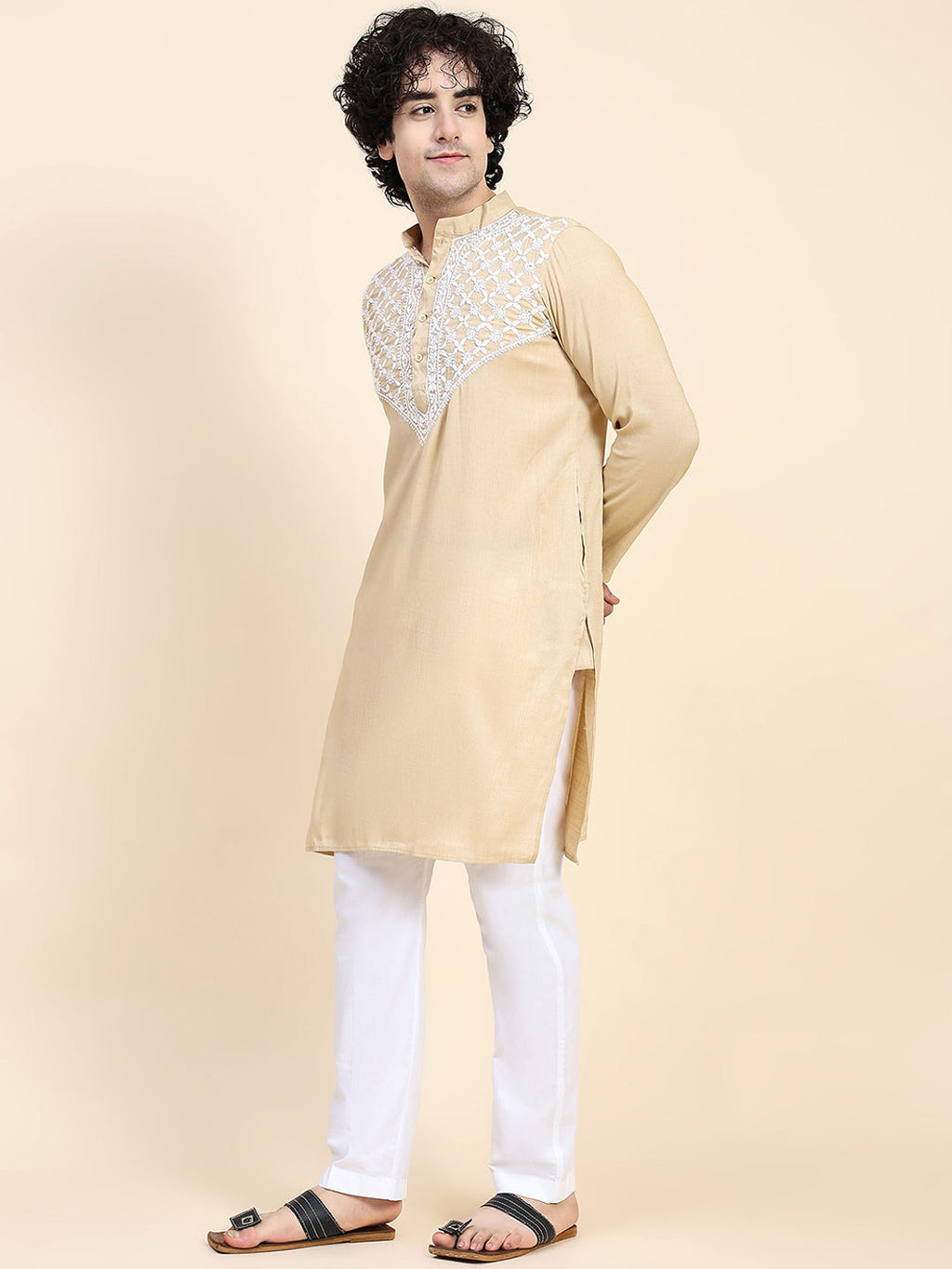 HOUSE OF KARI Ethnic Motifs Yoke Design Mandarin Collar Chikankari Pure Cotton Kurta | Grocsy