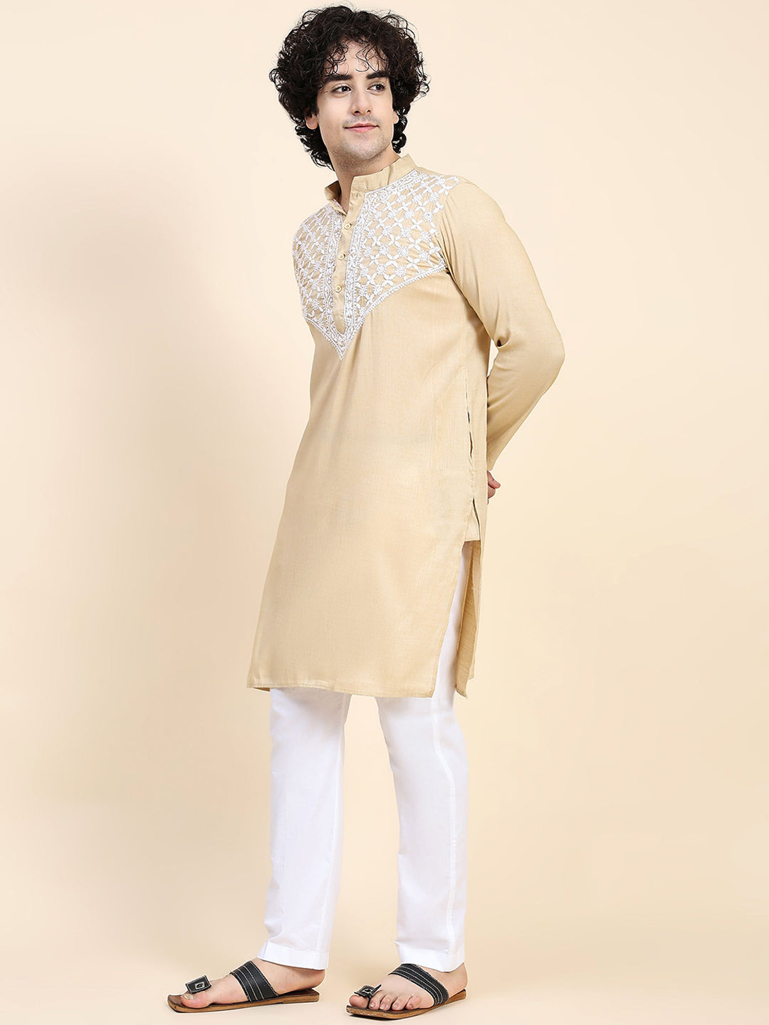 HOUSE OF KARI Ethnic Motifs Yoke Design Mandarin Collar Chikankari Pure Cotton Kurta | Grocsy