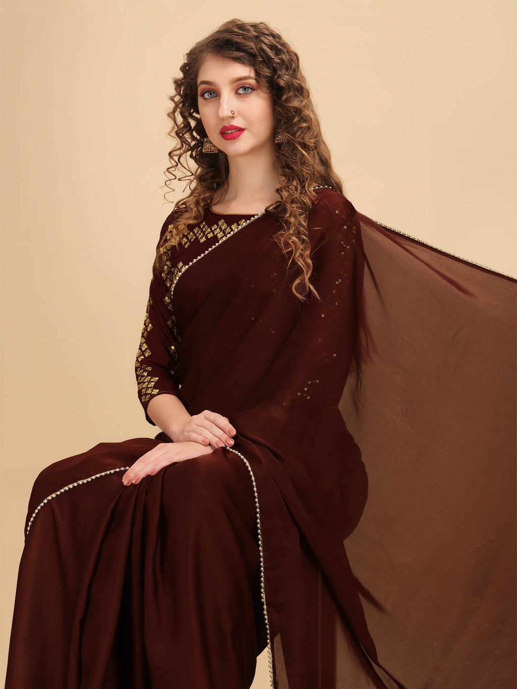 Sangria Coffee Brown & Golden Embroidered Satin Saree | Grocsy