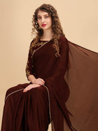 Sangria Coffee Brown & Golden Embroidered Satin Saree | Grocsy