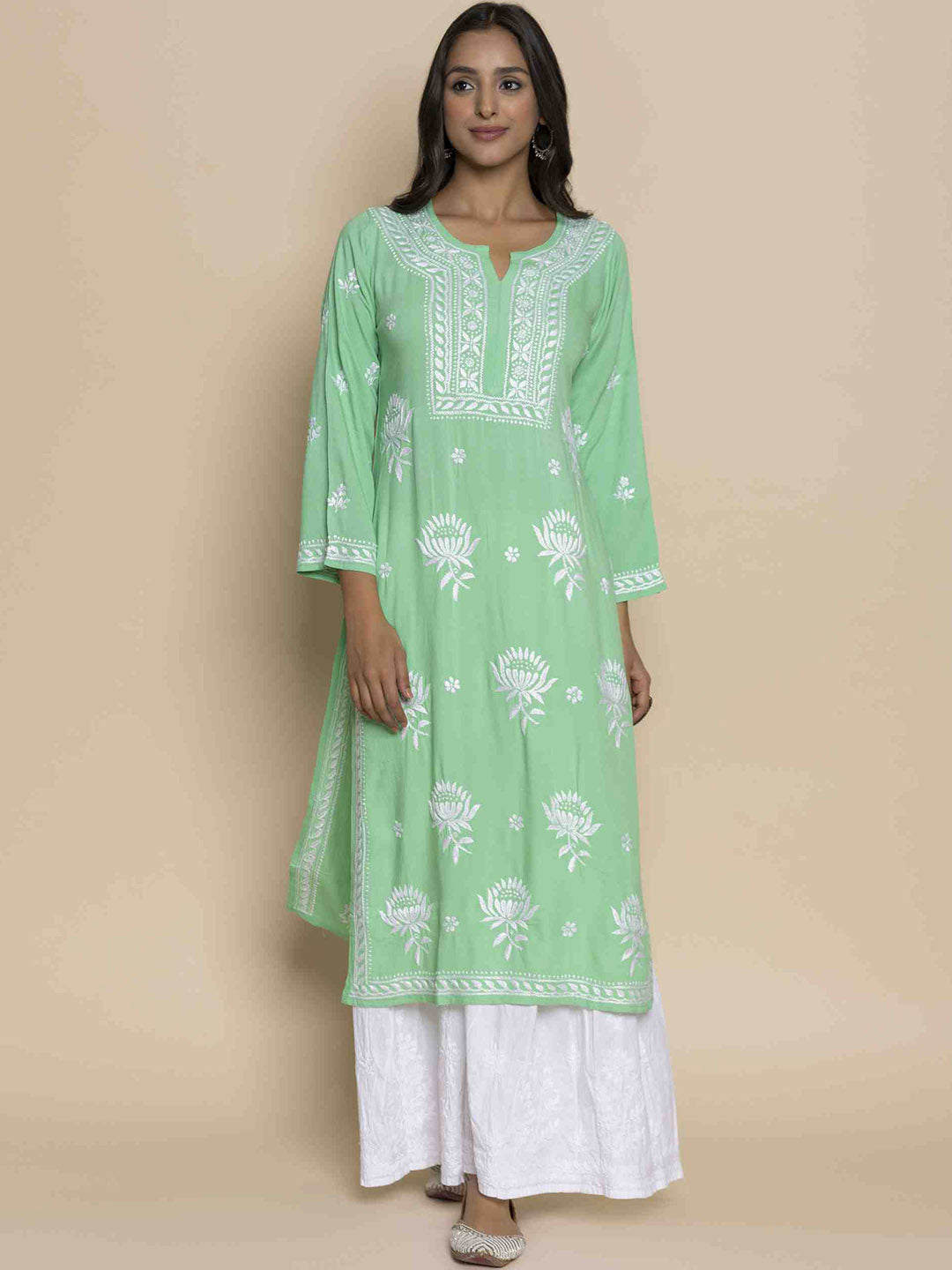 HOUSE OF KARI Floral Embroidered Chikankari Straight Kurta | Grocsy