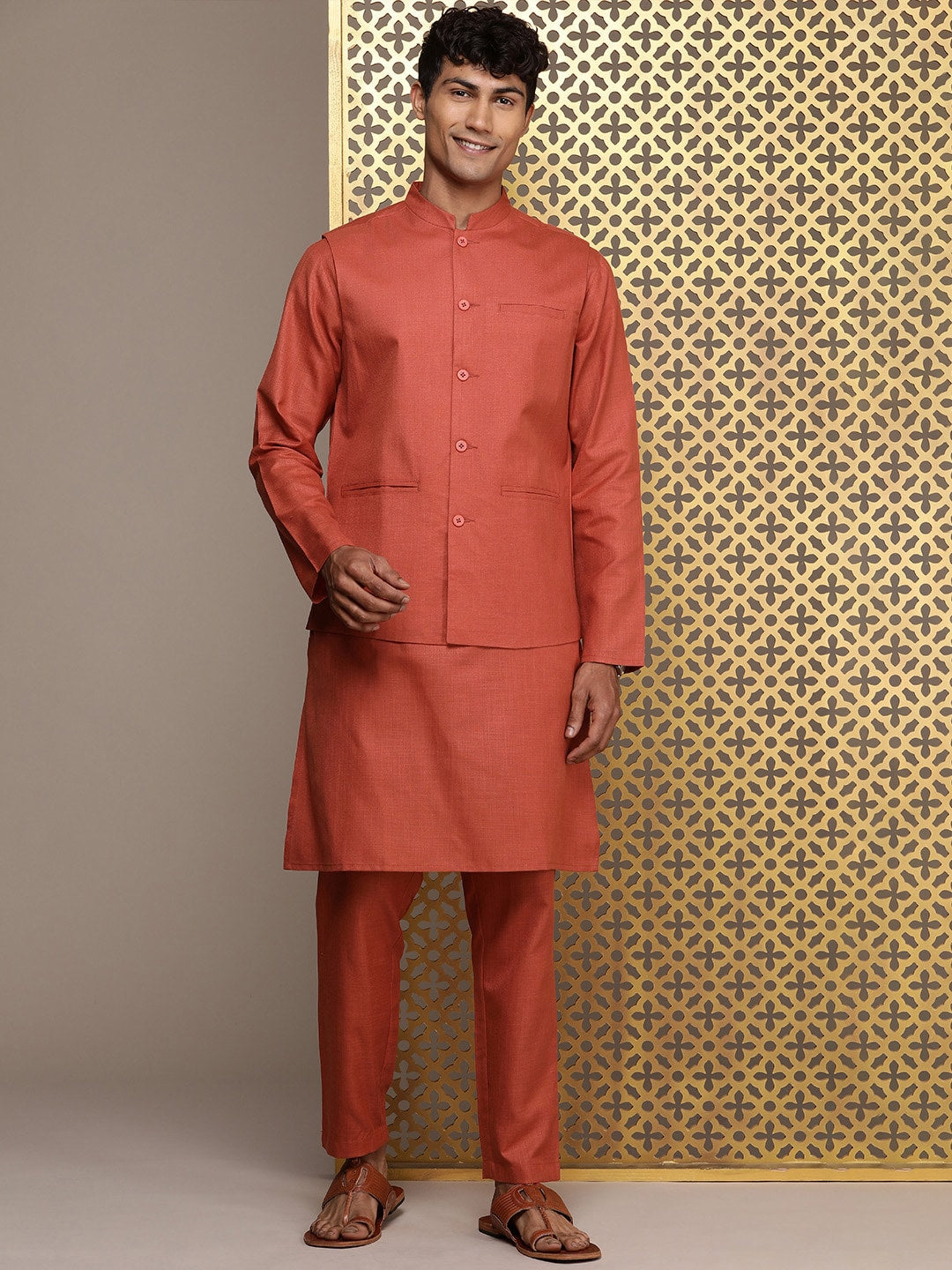 House of Pataudi Men Jashn Kurta & Trousers With Nehru Jacket | Grocsy