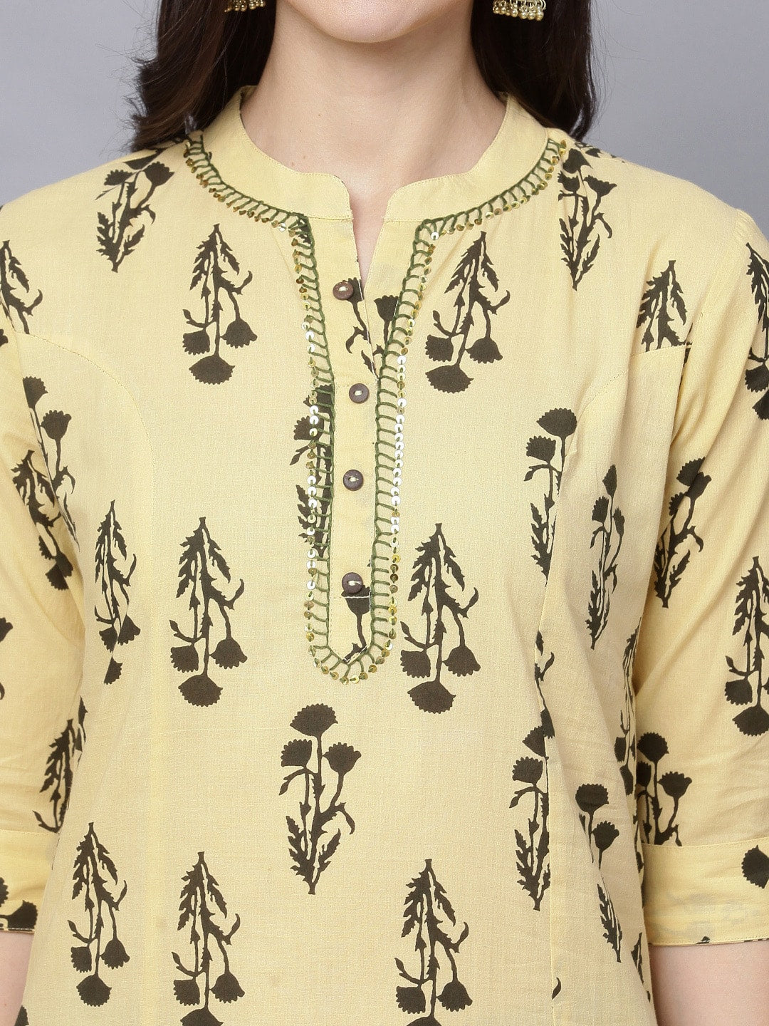 HERE&NOW Women Yellow Ethnic Motifs Printed Pleated Pure Cotton Kurti with Trousers & With Dupatta | Grocsy