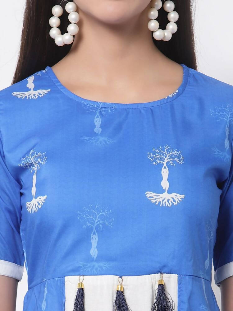 Myshka Viscose Printed 3/4 Sleeve Round Neck Casual Blue Women's dress | Grocsy