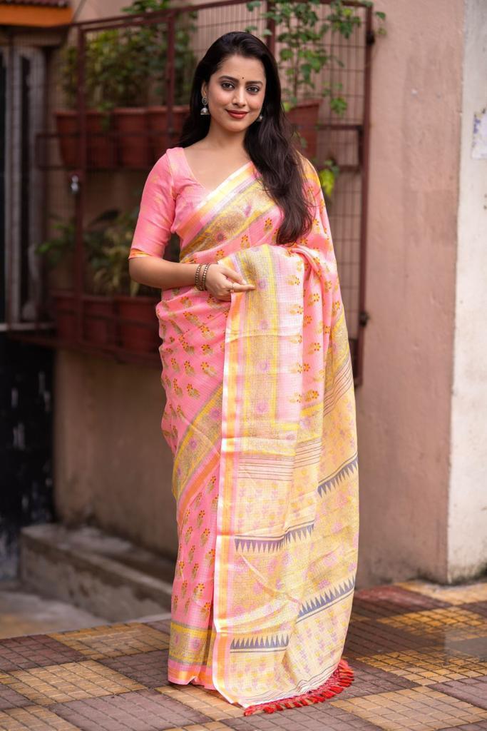 Pink Silk Blend Geometric Saree with Unstitched Blouse - A2M | Grocsy