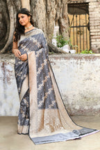 Joban Fashion Silver Grey Pure Katan Pure Handloom Banarasi Silk Saree | Grocsy