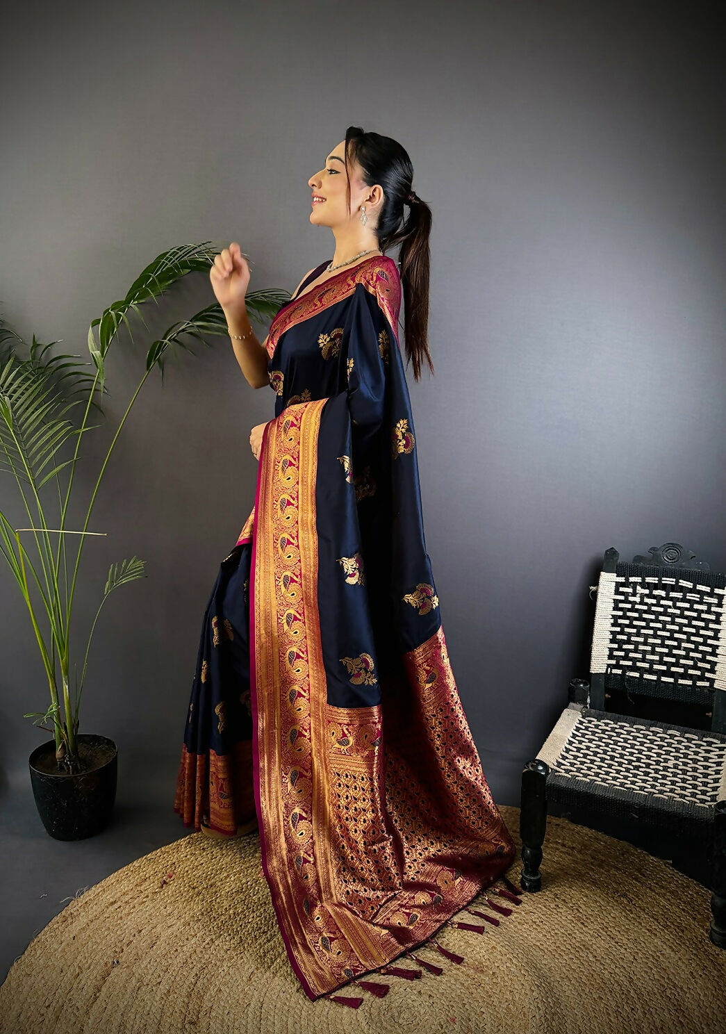 Joban Fashion Banarasi Navy Blue Woven Soft Silk Saree | Grocsy