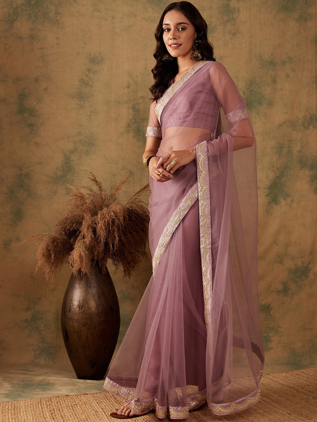 Sangria Mauve Zari Embroidered and Sequinned Net Saree | Grocsy