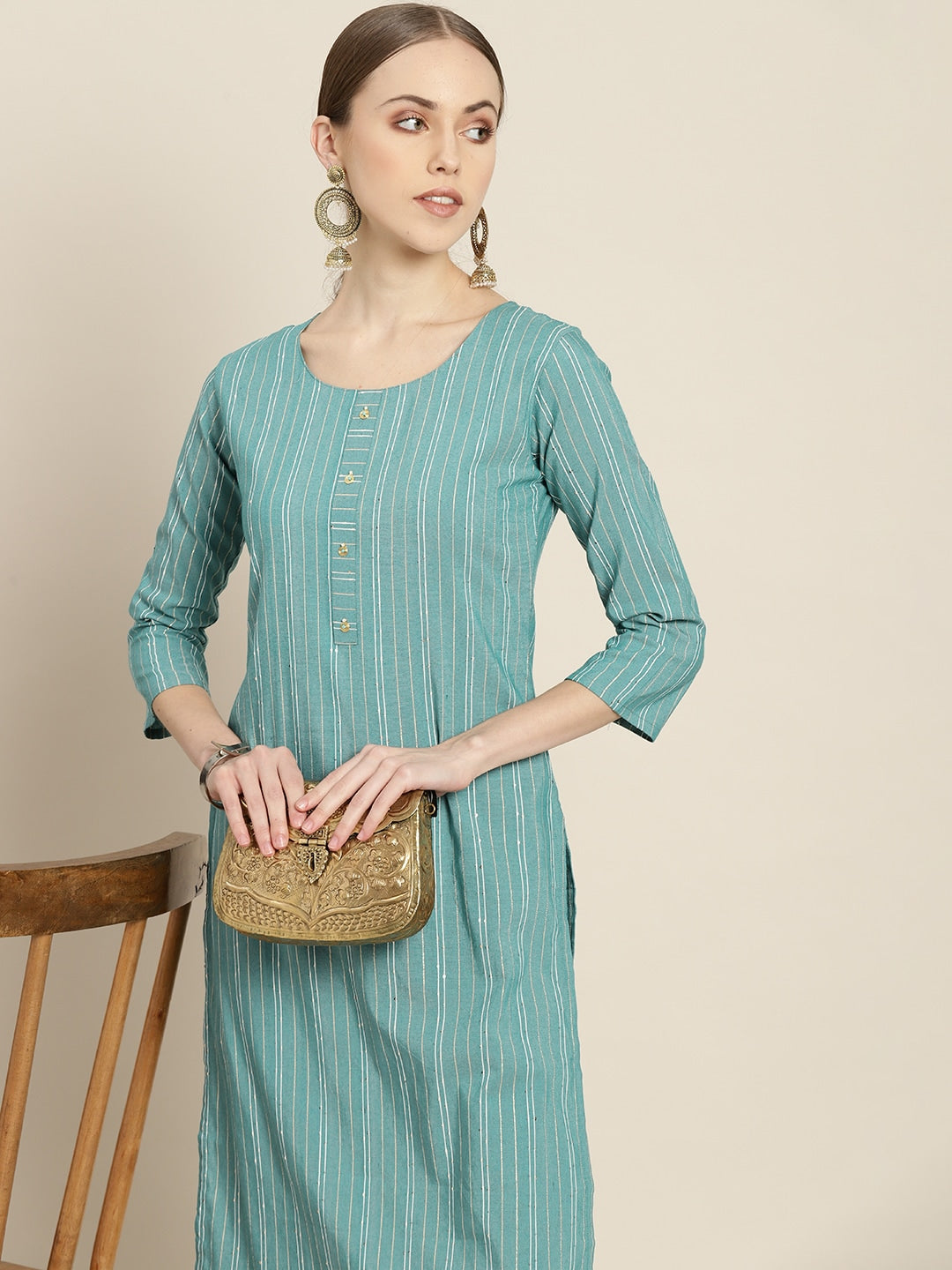 Sangria Women Sea Green & White Striped Sequin Detail Kurta | Grocsy
