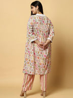 Sztori Plus Size Floral Printed V- Neck Pleated Pure Cotton A-Line Kurta With Lace Detail | Grocsy