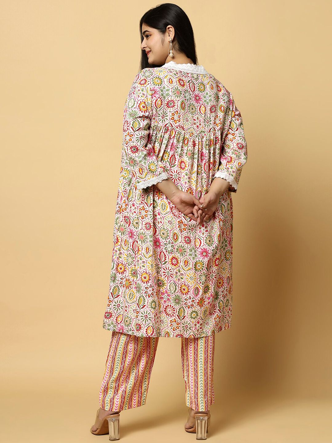 Sztori Plus Size Floral Printed V- Neck Pleated Pure Cotton A-Line Kurta With Lace Detail | Grocsy