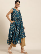 Sangria Women Teal Blue & Golden Ethnic Motifs Printed A-Line Kurta | Grocsy