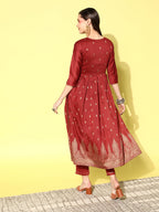 Sangria Floral Yoke Design Pleated Mirror Work Chanderi Silk Kurta with Trousers | Grocsy