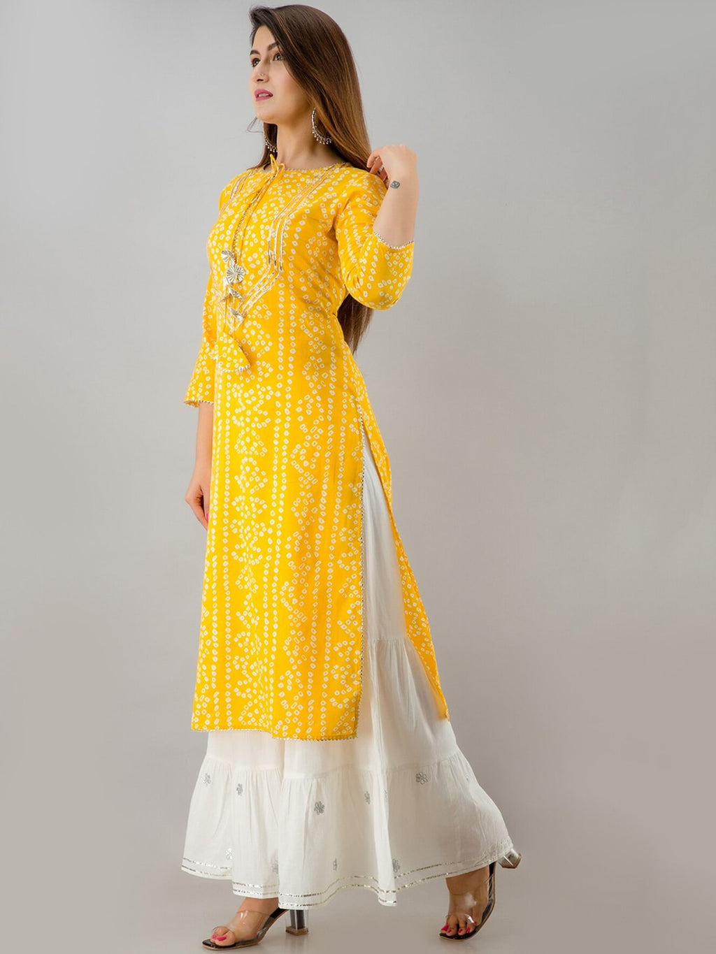 HERE&NOW Yellow & White Bandhani Printed Gotta Patti Kurta with Sharara | Grocsy