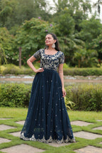 Vastranavya Premium Designer Faux Blooming with Coding Sequins Embroidery work Gown - Teal | Grocsy