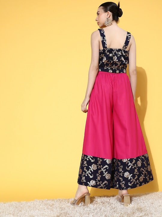 InWeave Women's Blue Brocade Strappy Top W Fuchsia Blue Brocade Palazzo Set | Grocsy