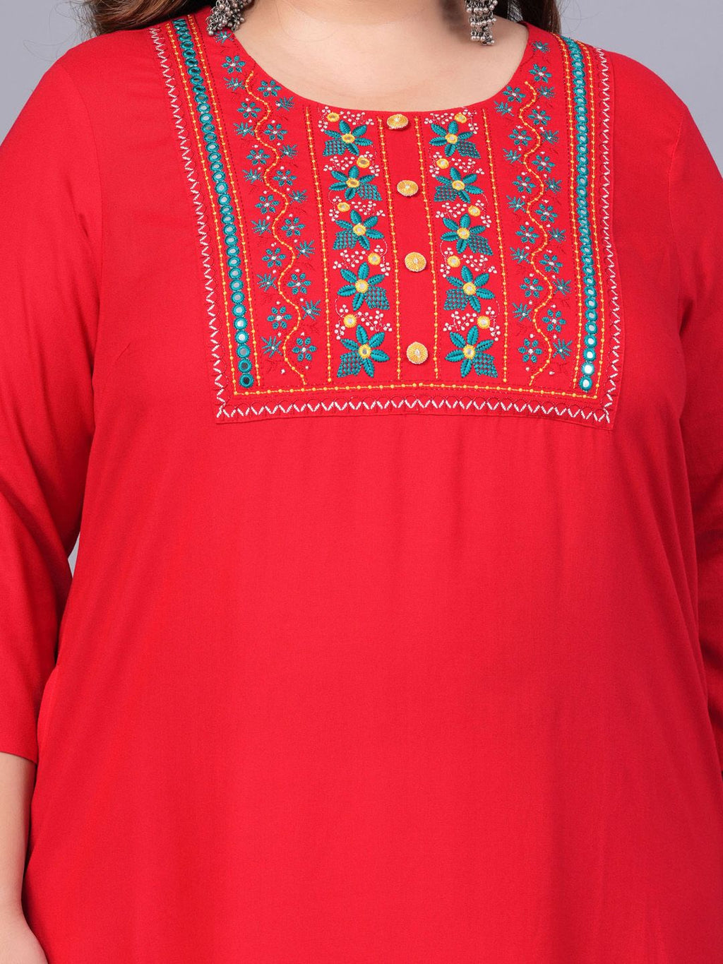 Sztori Plus Size Embroidered Yoke Design Round Neck Three-Quarter Sleeves Straight Kurta | Grocsy