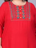 Sztori Plus Size Embroidered Yoke Design Round Neck Three-Quarter Sleeves Straight Kurta | Grocsy