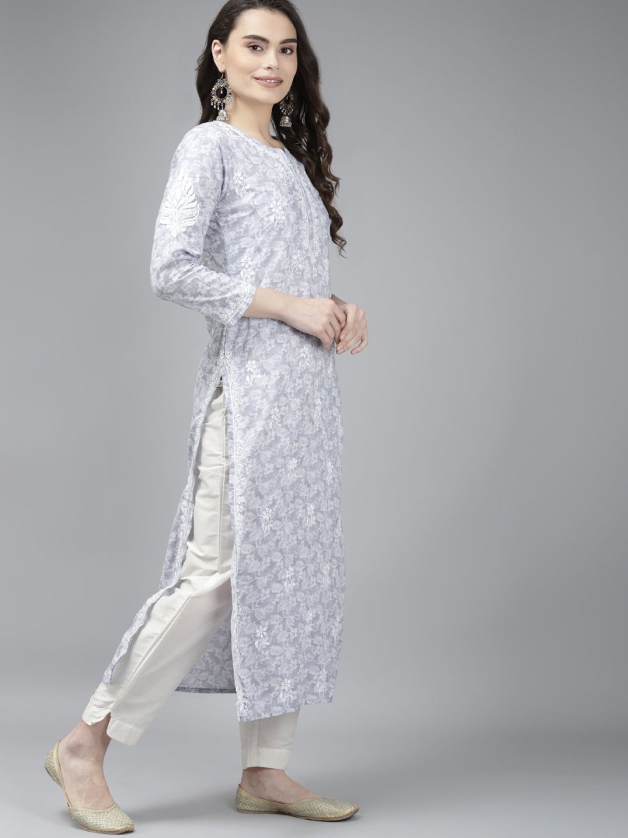 ADA Women Grey & White Floral Chikankari Cotton Handloom Kurta | Grocsy