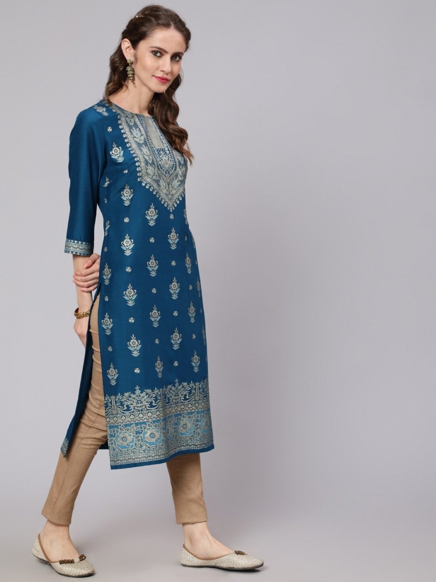 Aks Ethnic Motifs Printed Round Neck Straight Kurta | Grocsy