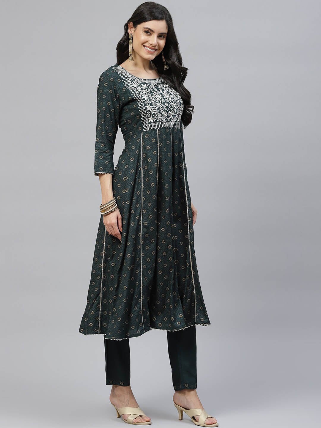 HERE&NOW Women Green Floral Embroidered Empire Kurta with Trousers & With Dupatta | Grocsy